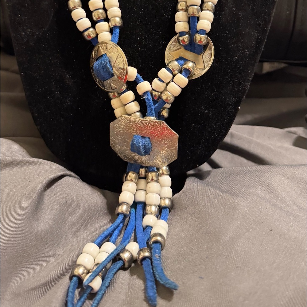 Handcrafted Southwestern Beaded Necklace Silver Conchos and Blue Suede Accents